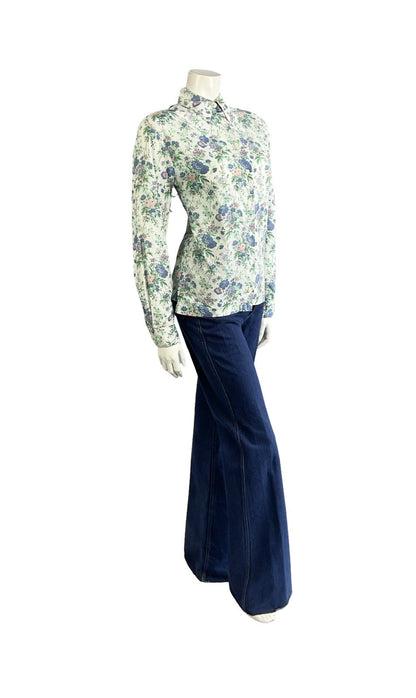 VTG 60S 70S WHITE BLUE PURPLE PINK FLORAL ROSE DAGGER COLLAR MOD SHIRT 10