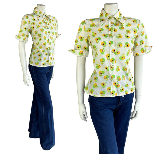 VTG 70S WHITE YELLOW GREEN FLORAL DAGGER COLLAR SHORT NEAPOLITAN SHIRT 12 14 M