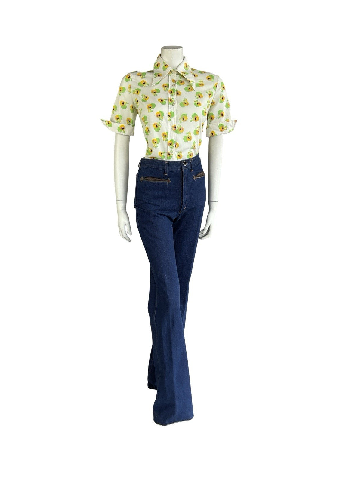 VTG 70S WHITE YELLOW GREEN FLORAL DAGGER COLLAR SHORT NEAPOLITAN SHIRT 12 14 M