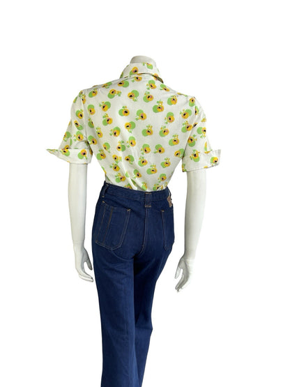 VTG 70S WHITE YELLOW GREEN FLORAL DAGGER COLLAR SHORT NEAPOLITAN SHIRT 12 14 M