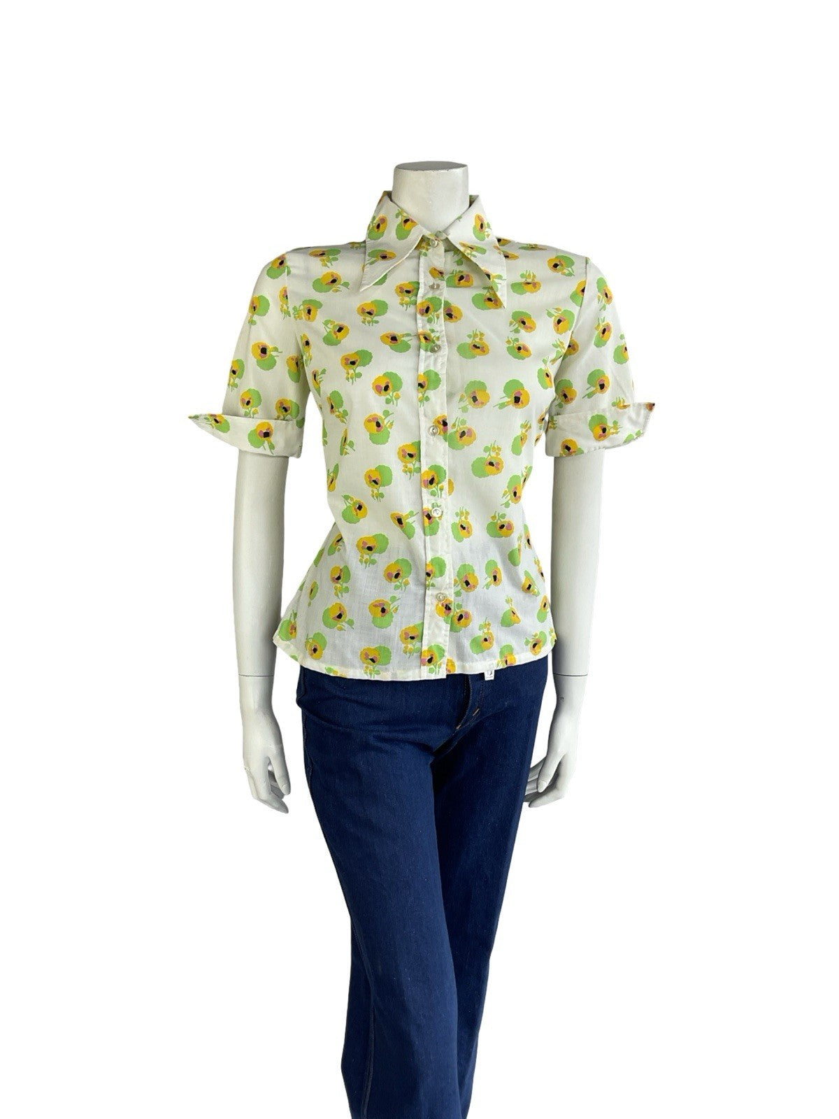 VTG 70S WHITE YELLOW GREEN FLORAL DAGGER COLLAR SHORT NEAPOLITAN SHIRT 12 14 M