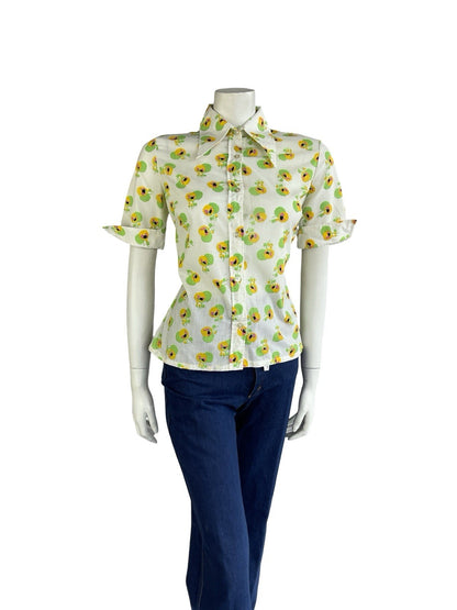 VTG 70S WHITE YELLOW GREEN FLORAL DAGGER COLLAR SHORT NEAPOLITAN SHIRT 12 14 M