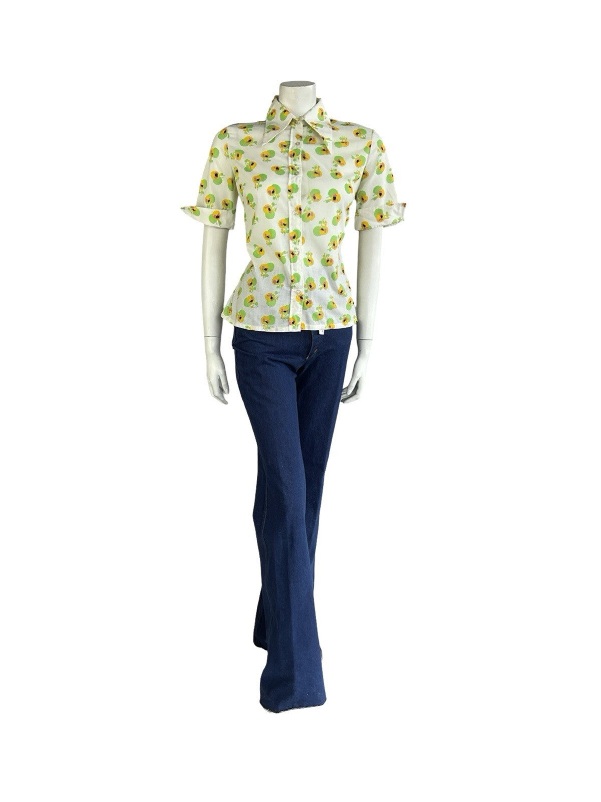 VTG 70S WHITE YELLOW GREEN FLORAL DAGGER COLLAR SHORT NEAPOLITAN SHIRT 12 14 M
