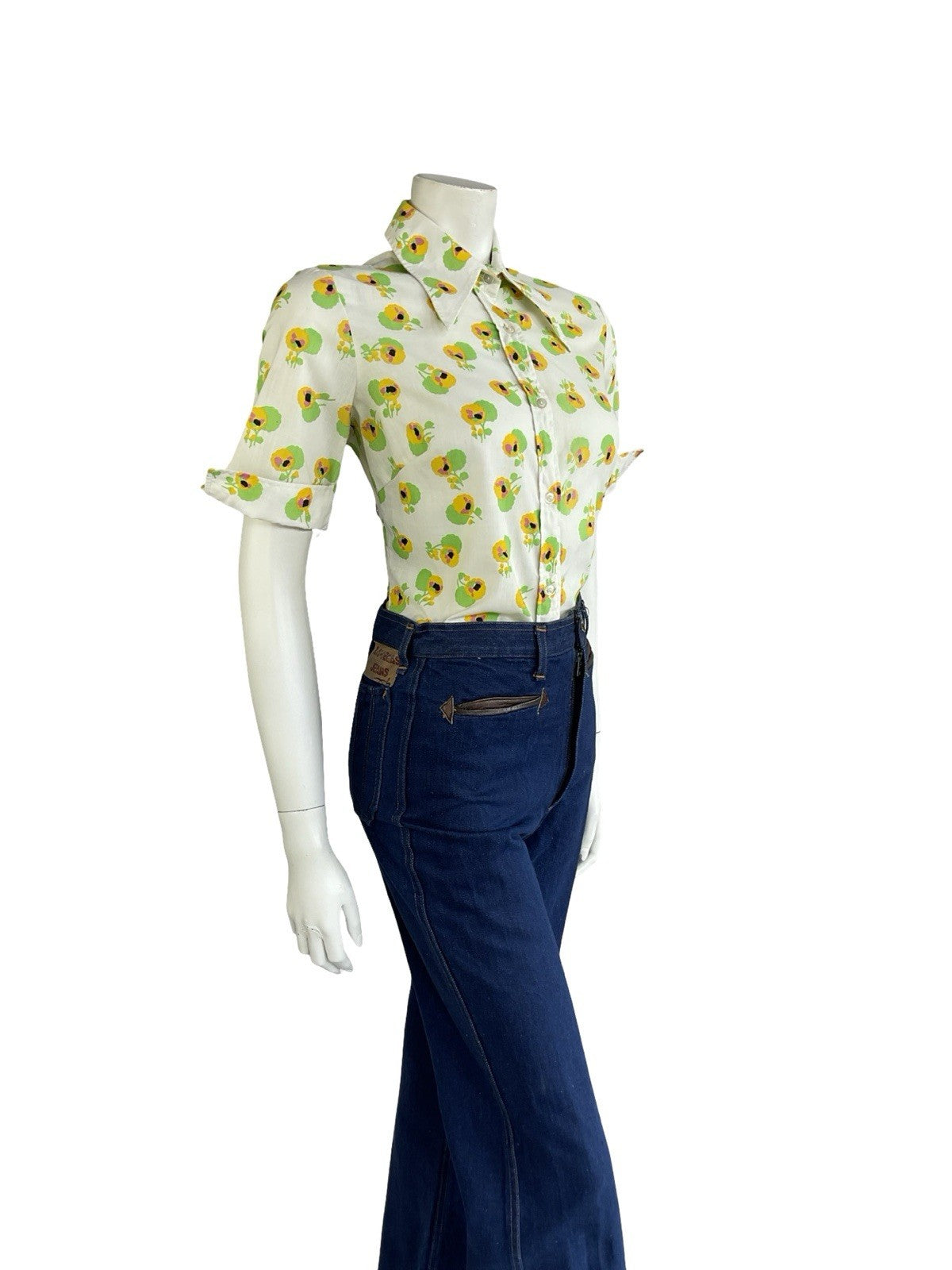 VTG 70S WHITE YELLOW GREEN FLORAL DAGGER COLLAR SHORT NEAPOLITAN SHIRT 12 14 M