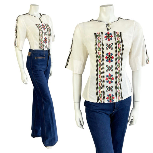 VTG 60S 70S IVORY BLACK YELLOW GREEN PINK EMBROIDERED FOLK COTTON BLOUSE 10