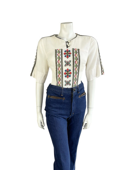 VTG 60S 70S IVORY BLACK YELLOW GREEN PINK EMBROIDERED FOLK COTTON BLOUSE 10