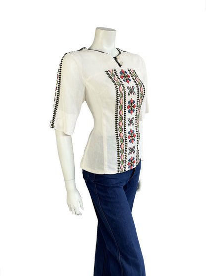 VTG 60S 70S IVORY BLACK YELLOW GREEN PINK EMBROIDERED FOLK COTTON BLOUSE 10