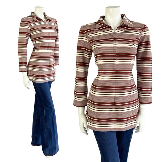 VTG 70S CREAM BROWN RETRO STRIPED GEOMETRIC DOG EAR COLLAR ZIP TUNIC SHIRT 10 12