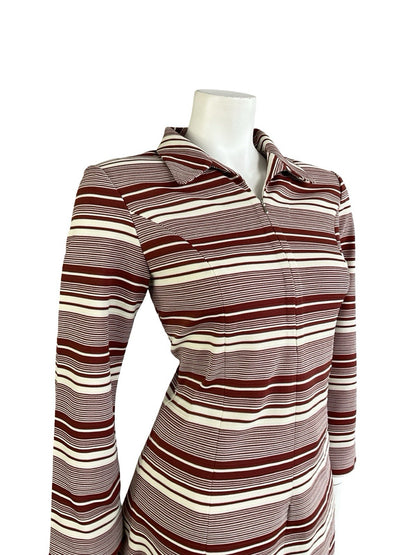 VTG 70S CREAM BROWN RETRO STRIPED GEOMETRIC DOG EAR COLLAR ZIP TUNIC SHIRT 10 12