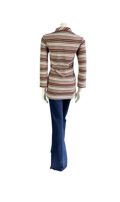 VTG 70S CREAM BROWN RETRO STRIPED GEOMETRIC DOG EAR COLLAR ZIP TUNIC SHIRT 10 12