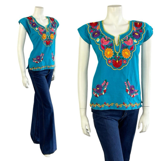 VTG 60S 70S BLUE RED ORANGE PINK RED GREEN MEXICAN FOLK EMBROIDERED FLORAL TOP 8
