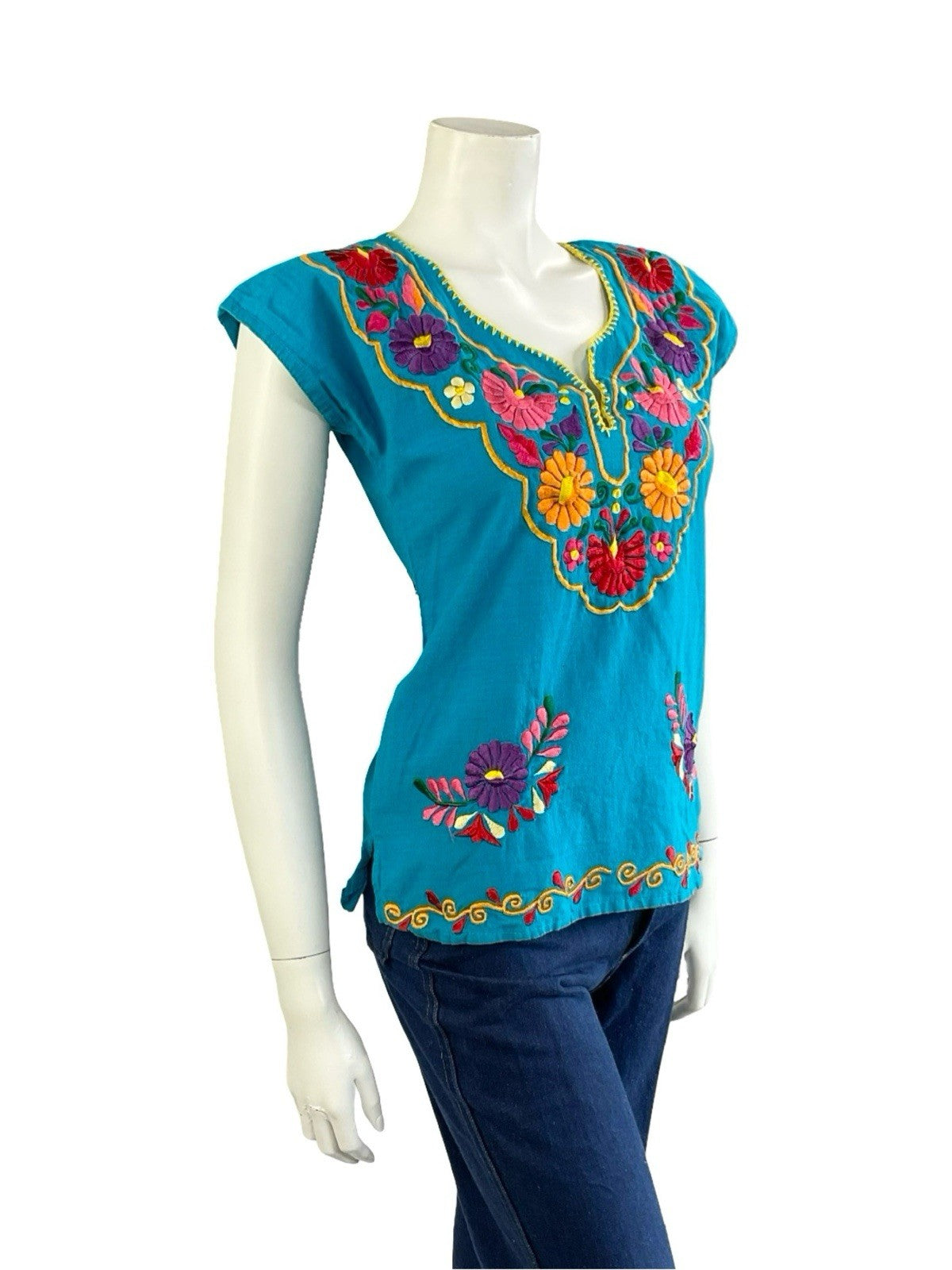 VTG 60S 70S BLUE RED ORANGE PINK RED GREEN MEXICAN FOLK EMBROIDERED FLORAL TOP 8