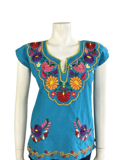 VTG 60S 70S BLUE RED ORANGE PINK RED GREEN MEXICAN FOLK EMBROIDERED FLORAL TOP 8