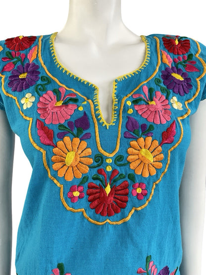 VTG 60S 70S BLUE RED ORANGE PINK RED GREEN MEXICAN FOLK EMBROIDERED FLORAL TOP 8