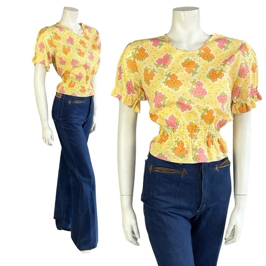 VTG 70S MOD YELLOW WHITE ORANGE PINK FLORAL DAIST ELASTICATED PUFF SLEEVE TOP 10