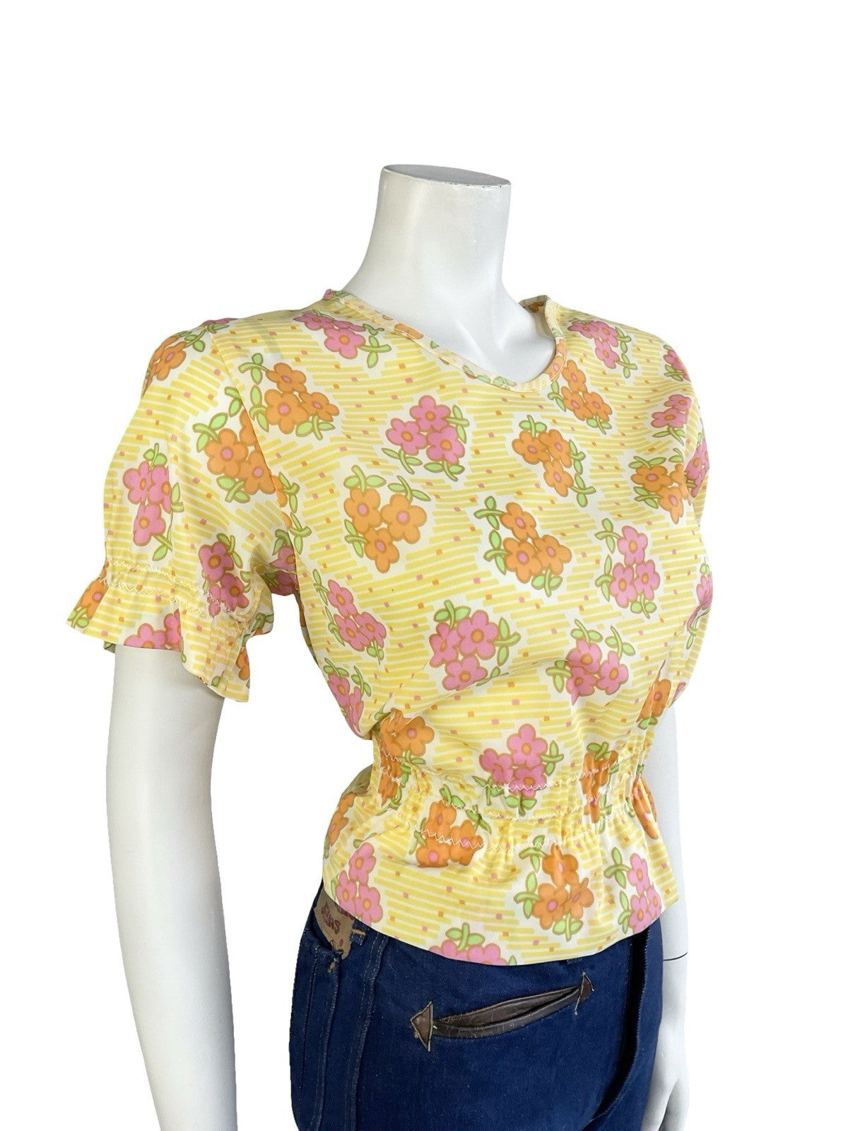 VTG 70S MOD YELLOW WHITE ORANGE PINK FLORAL DAIST ELASTICATED PUFF SLEEVE TOP 10