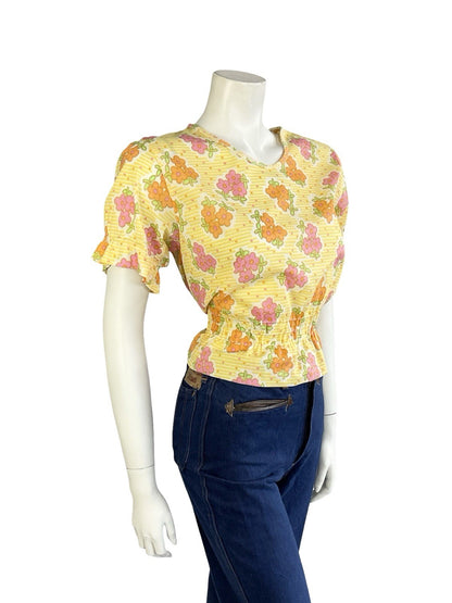 VTG 70S MOD YELLOW WHITE ORANGE PINK FLORAL DAIST ELASTICATED PUFF SLEEVE TOP 10