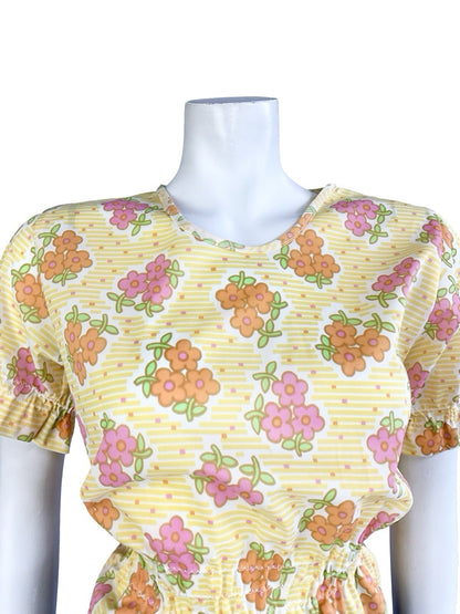 VTG 70S MOD YELLOW WHITE ORANGE PINK FLORAL DAIST ELASTICATED PUFF SLEEVE TOP 10
