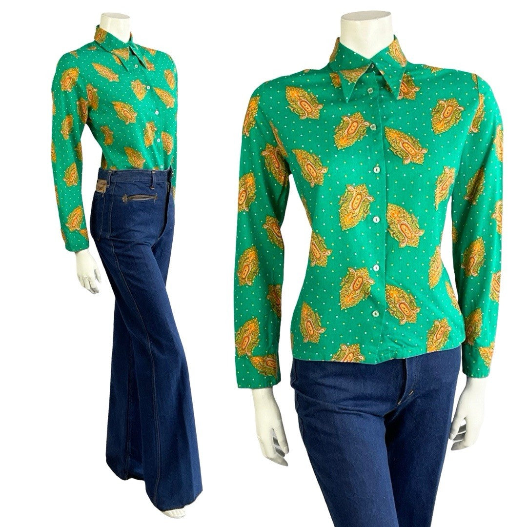 VTG 60S 70S GREEN ORANGE YELLOW PSYCHEDELIC DAGGER MANDALA POLKA DOR SHIRT 14