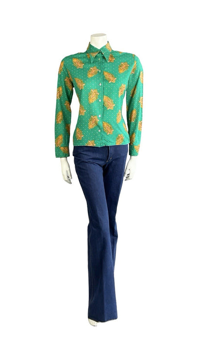 VTG 60S 70S GREEN ORANGE YELLOW PSYCHEDELIC DAGGER MANDALA POLKA DOR SHIRT 14