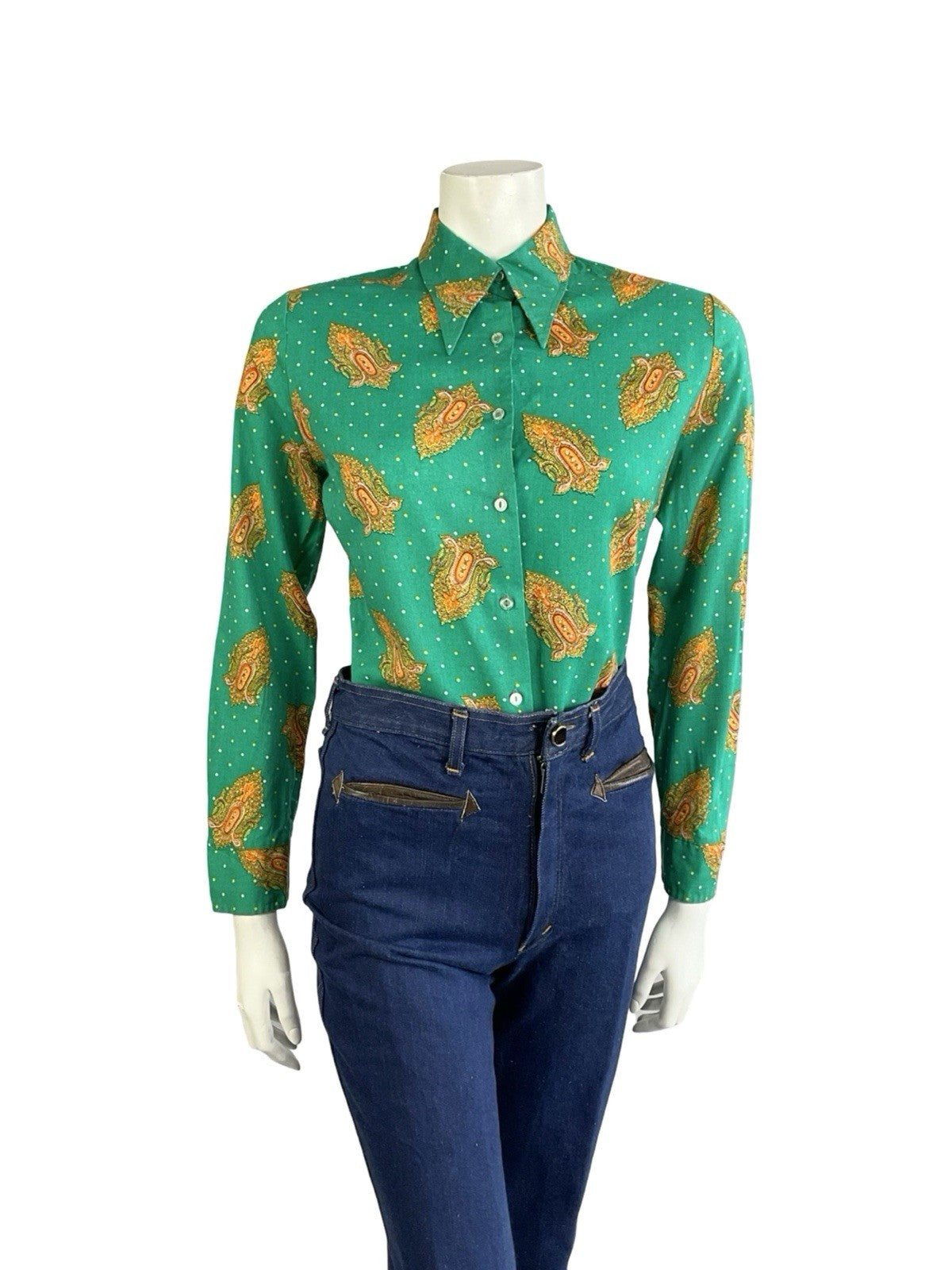 VTG 60S 70S GREEN ORANGE YELLOW PSYCHEDELIC DAGGER MANDALA POLKA DOR SHIRT 14
