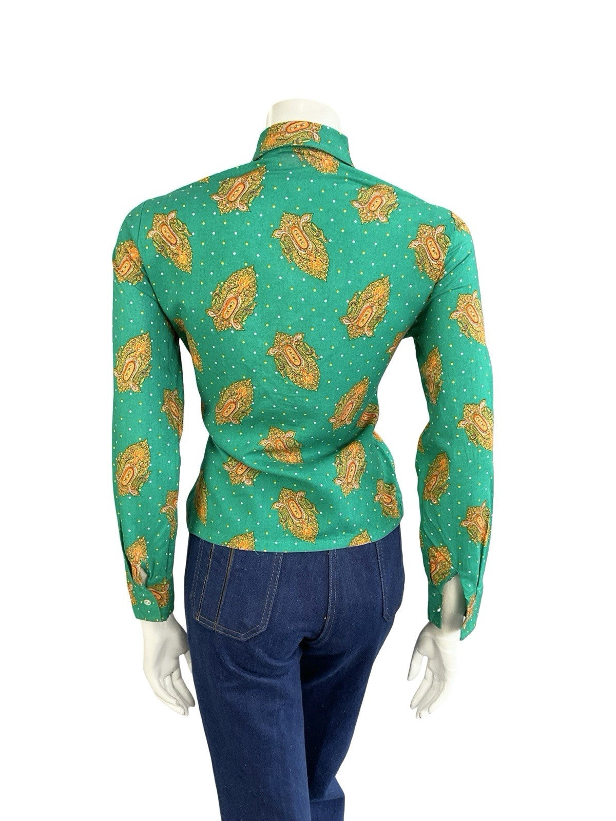 VTG 60S 70S GREEN ORANGE YELLOW PSYCHEDELIC DAGGER MANDALA POLKA DOR SHIRT 14