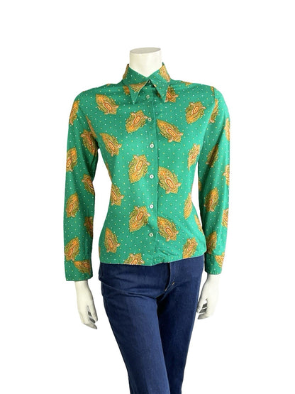 VTG 60S 70S GREEN ORANGE YELLOW PSYCHEDELIC DAGGER MANDALA POLKA DOR SHIRT 14