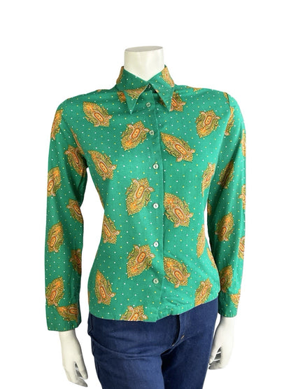 VTG 60S 70S GREEN ORANGE YELLOW PSYCHEDELIC DAGGER MANDALA POLKA DOR SHIRT 14