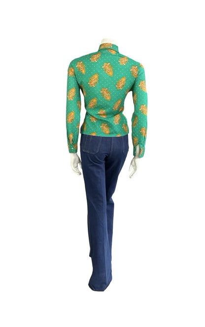 VTG 60S 70S GREEN ORANGE YELLOW PSYCHEDELIC DAGGER MANDALA POLKA DOR SHIRT 14