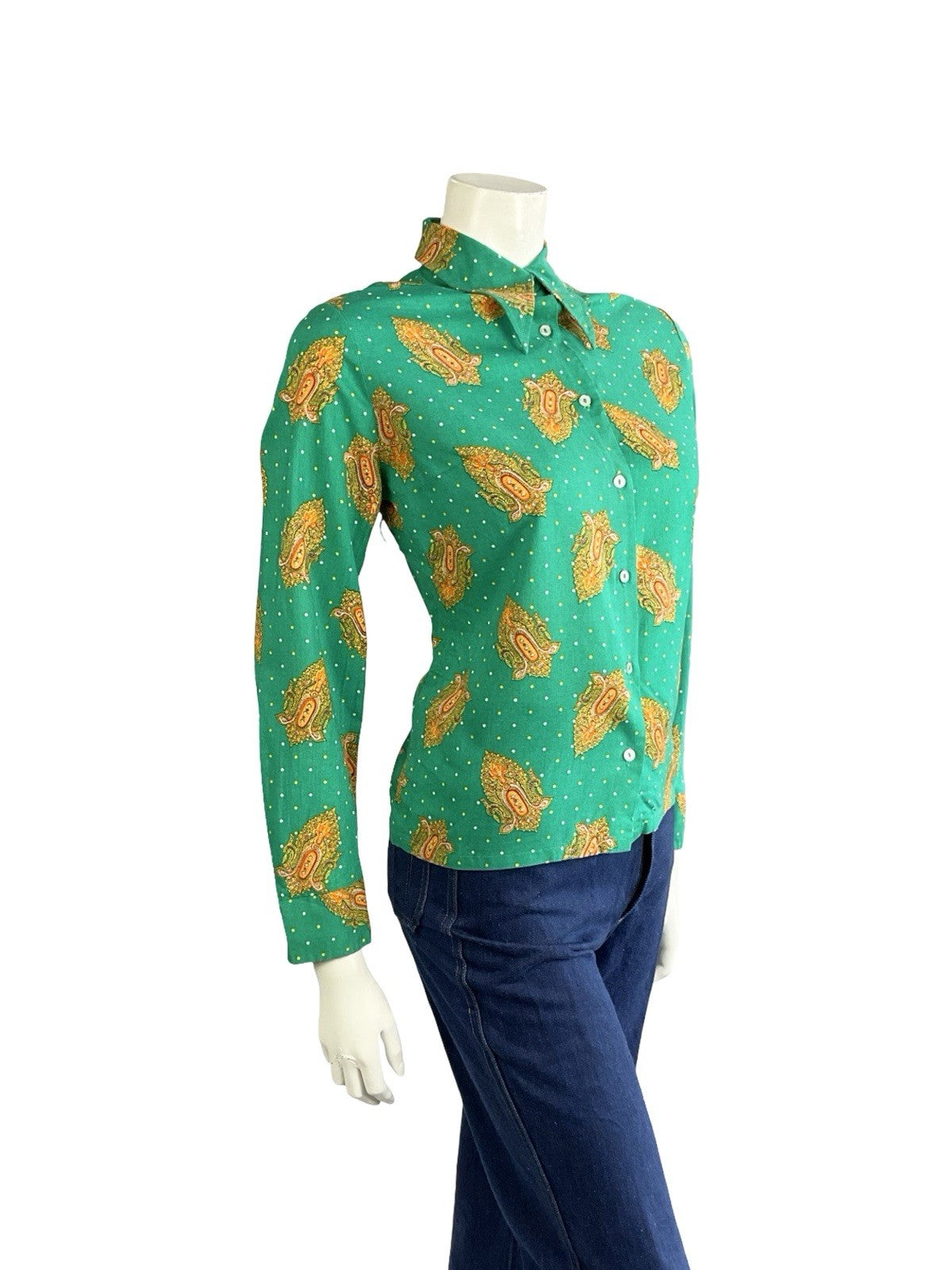 VTG 60S 70S GREEN ORANGE YELLOW PSYCHEDELIC DAGGER MANDALA POLKA DOR SHIRT 14