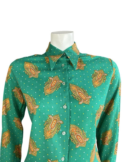 VTG 60S 70S GREEN ORANGE YELLOW PSYCHEDELIC DAGGER MANDALA POLKA DOR SHIRT 14