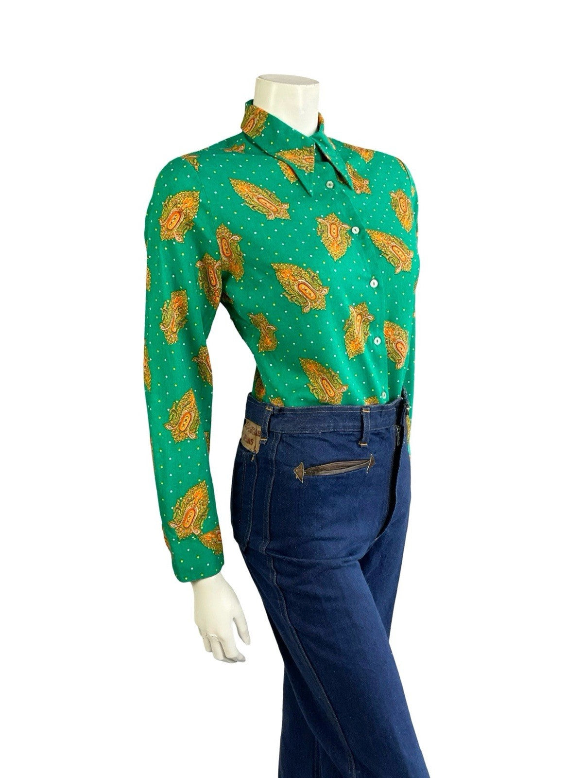 VTG 60S 70S GREEN ORANGE YELLOW PSYCHEDELIC DAGGER MANDALA POLKA DOR SHIRT 14