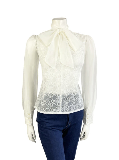 VTG 60S 70S SECRETARY GEEK WHITE IVORY LACE PUSSYBOW MESH BISHOP SLEEVE TOP 14
