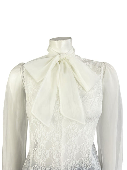 VTG 60S 70S SECRETARY GEEK WHITE IVORY LACE PUSSYBOW MESH BISHOP SLEEVE TOP 14