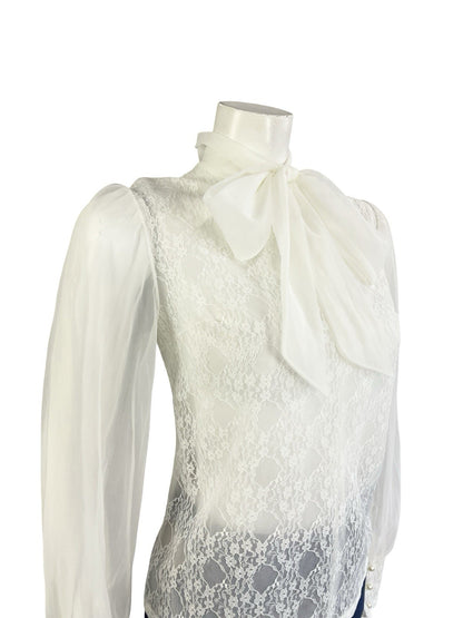 VTG 60S 70S SECRETARY GEEK WHITE IVORY LACE PUSSYBOW MESH BISHOP SLEEVE TOP 14