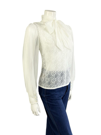 VTG 60S 70S SECRETARY GEEK WHITE IVORY LACE PUSSYBOW MESH BISHOP SLEEVE TOP 14