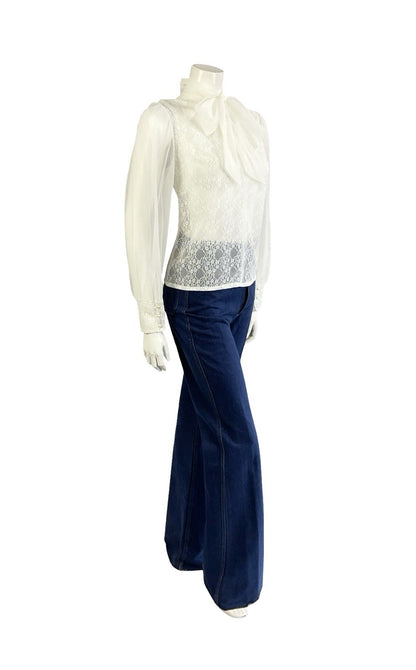 VTG 60S 70S SECRETARY GEEK WHITE IVORY LACE PUSSYBOW MESH BISHOP SLEEVE TOP 14