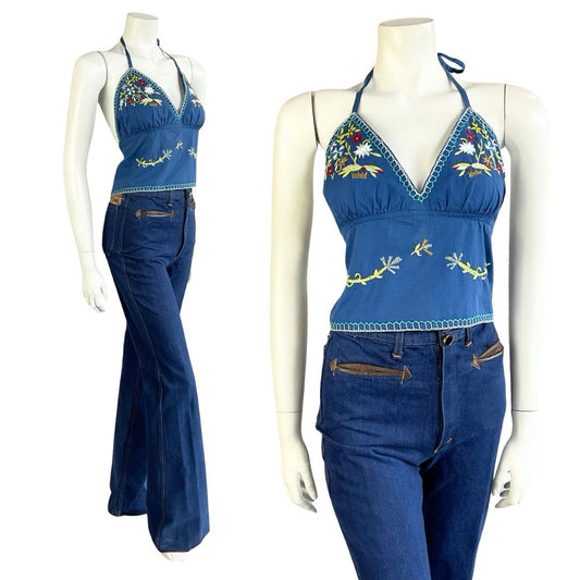 VTG 70S BLUE GREEN WHITE RED BOHO FOLK FLORAL EMBROIDERY COTTON HALTER TOP 12