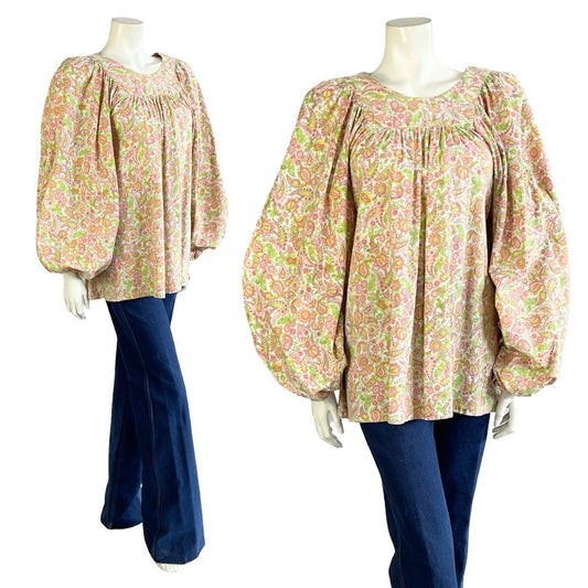 VTG 60S 70S WHITE PINK GREEN PSYCHEDELIC FLORAL PAISLEY BOHO BALLOON SMOCK TOP 8