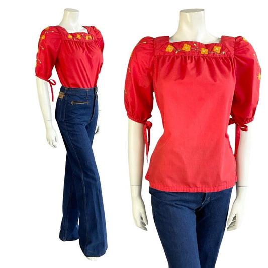 VTG 70S BRIGHT RED ORANGE FLORAL EMBROIDERED FOLK BOHO PUFF SLEEVE BLOUSE 12