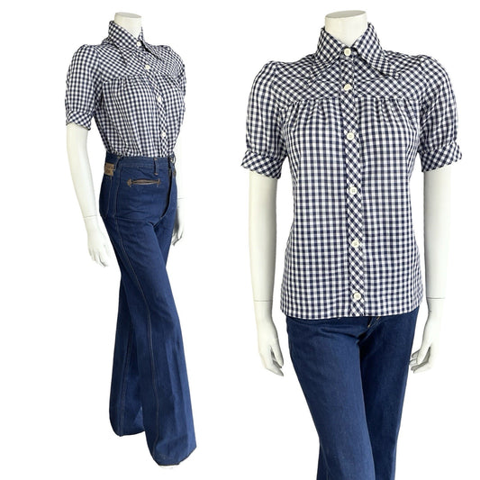 VTG 70S WHITE NAVY BLUE GINGHAM PRAIRIE COTTAGE PUFF SLEEVE DAGGER SHIRT 12
