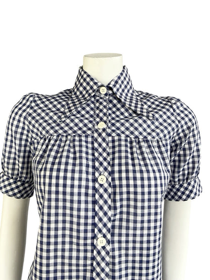 VTG 70S WHITE NAVY BLUE GINGHAM PRAIRIE COTTAGE PUFF SLEEVE DAGGER SHIRT 12
