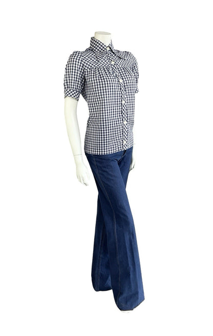 VTG 70S WHITE NAVY BLUE GINGHAM PRAIRIE COTTAGE PUFF SLEEVE DAGGER SHIRT 12