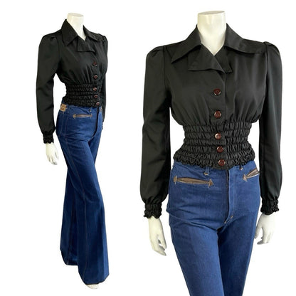 VTG 70S BLACK DISCO RUCHED BLOUSON ELASTICATED WAIST DAGGER NOTCH LAPEL SHIRT 8