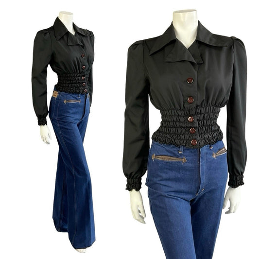VTG 70S BLACK DISCO RUCHED BLOUSON ELASTICATED WAIST DAGGER NOTCH LAPEL SHIRT 8