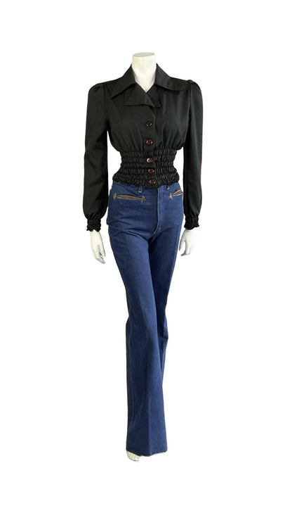 VTG 70S BLACK DISCO RUCHED BLOUSON ELASTICATED WAIST DAGGER NOTCH LAPEL SHIRT 8