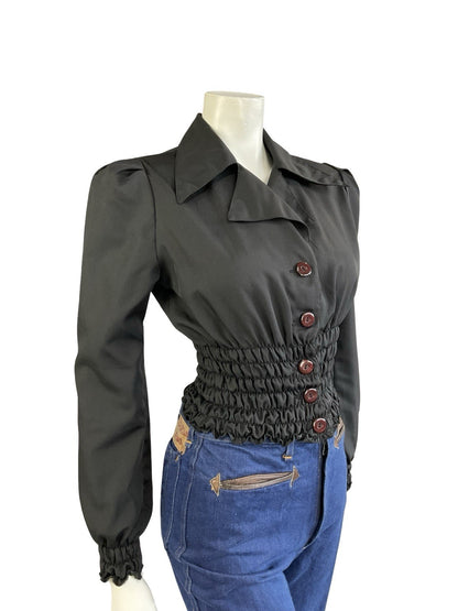 VTG 70S BLACK DISCO RUCHED BLOUSON ELASTICATED WAIST DAGGER NOTCH LAPEL SHIRT 8
