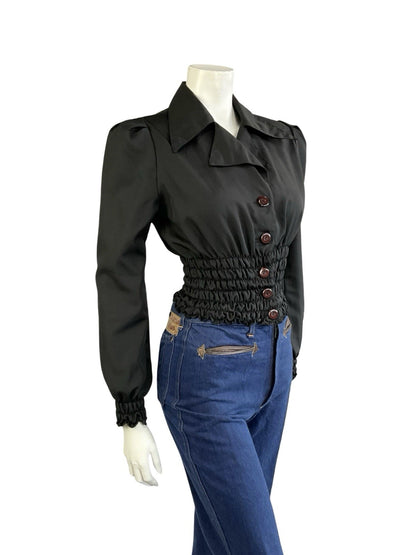 VTG 70S BLACK DISCO RUCHED BLOUSON ELASTICATED WAIST DAGGER NOTCH LAPEL SHIRT 8
