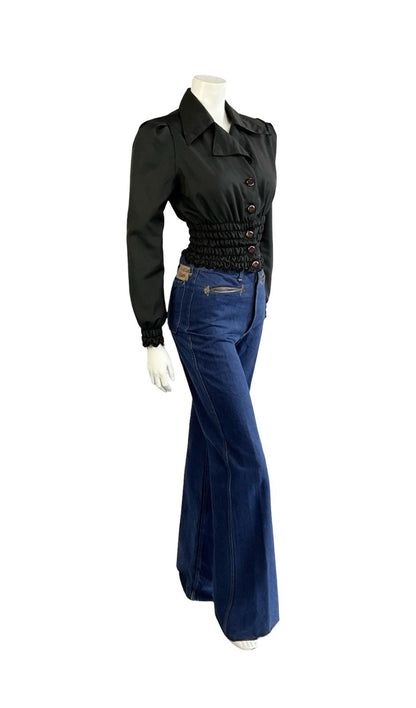 VTG 70S BLACK DISCO RUCHED BLOUSON ELASTICATED WAIST DAGGER NOTCH LAPEL SHIRT 8