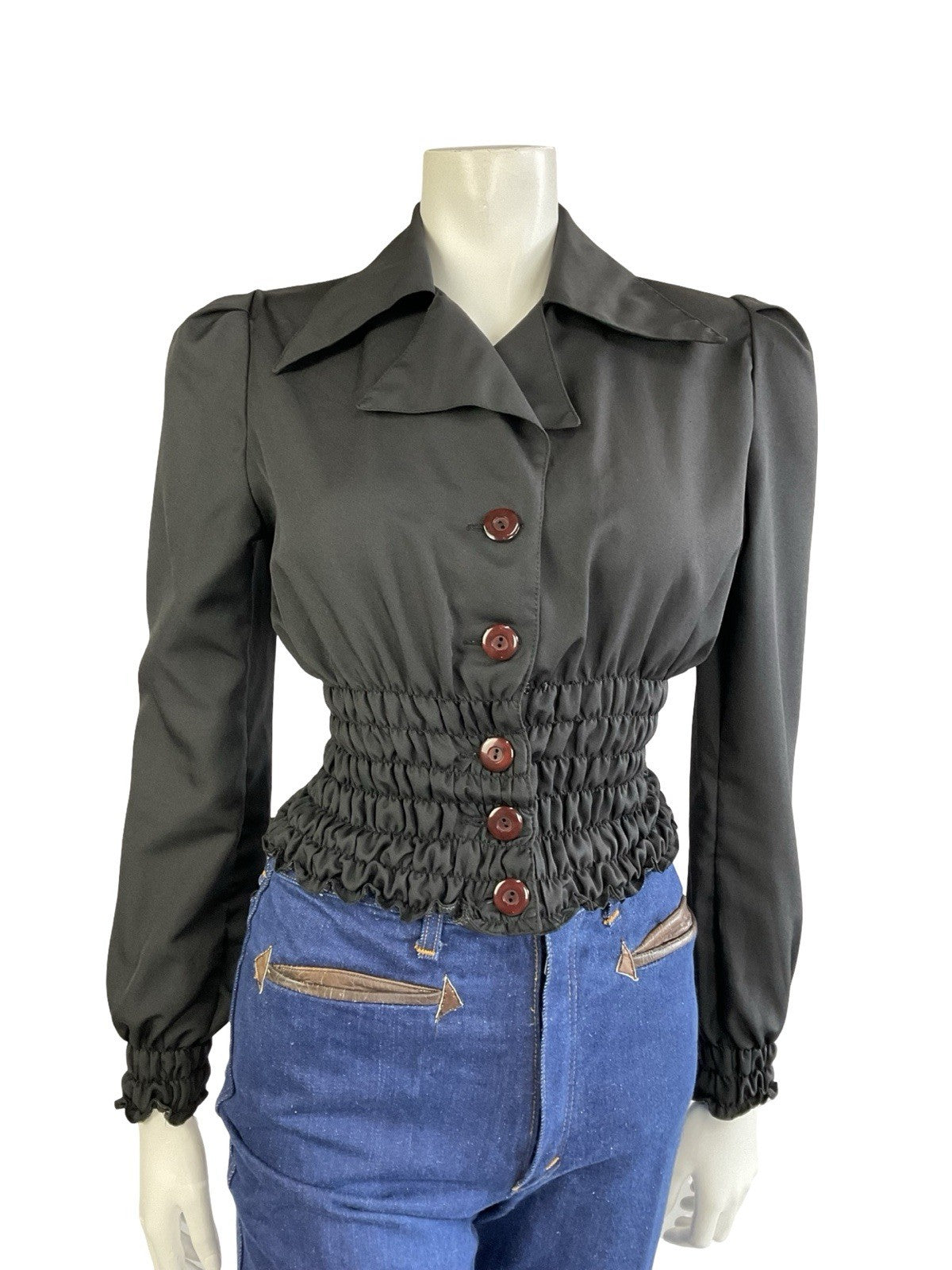 VTG 70S BLACK DISCO RUCHED BLOUSON ELASTICATED WAIST DAGGER NOTCH LAPEL SHIRT 8